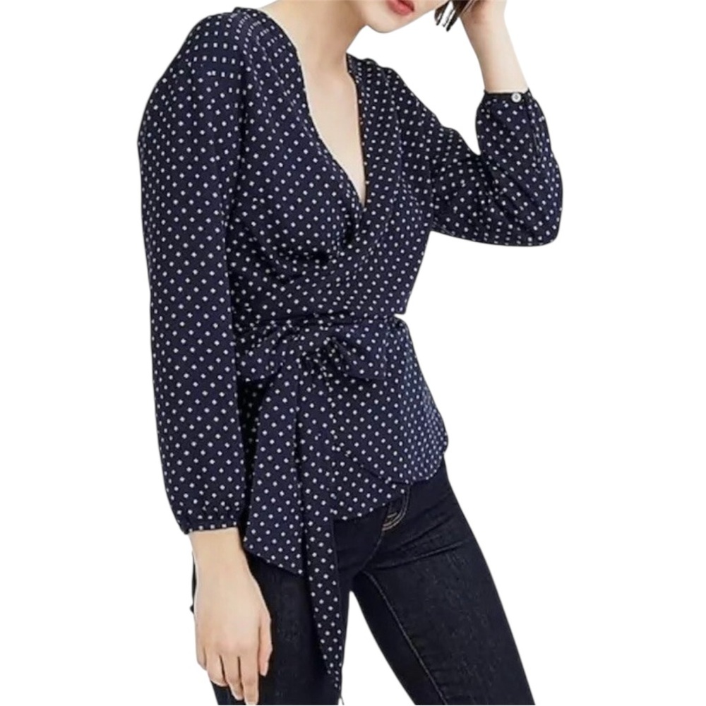 J. Crew Navy Foulard Floral Geometric Dot 3/4 Sleeve Wrap Blouse Size XS